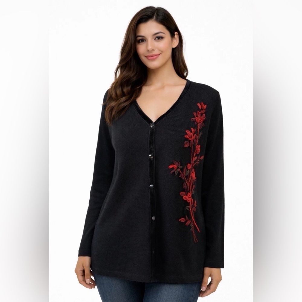 Koret Black Cardigan Red Floral Embroidery Button Front Women Size L Wool Blend